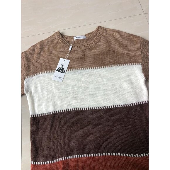 Women's Knit Sweater Long Sleeve Crewneck Color Block Patchwork Pullover - Picture 5 of 6